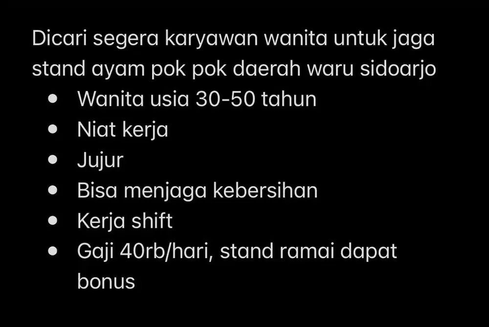 Dicari karyawan wanita jaga stand pok2
