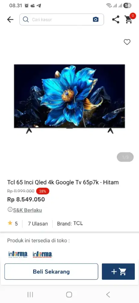 Tcl 65 inci qled 4k google tv 65p7k