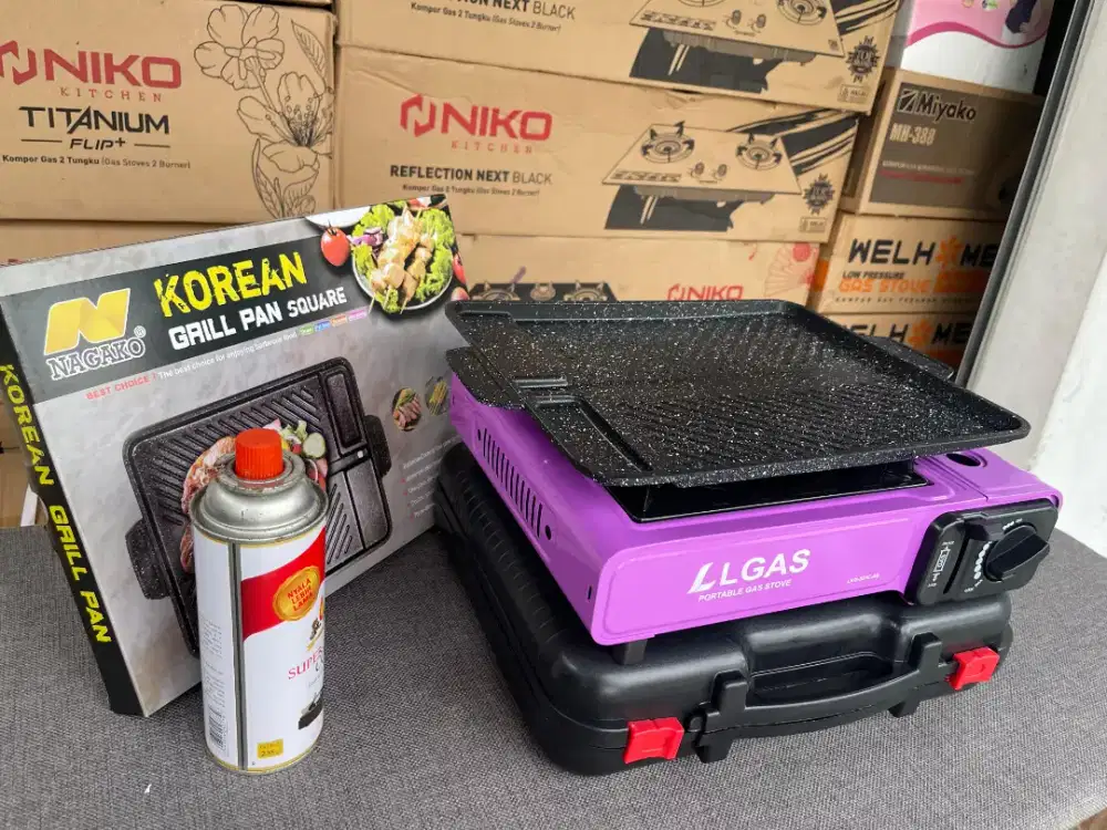 HADIR PAKET KOMPOR PORTABEL+GAS KALENG+ KOREAN GRIL PAN ANTI LENGKET