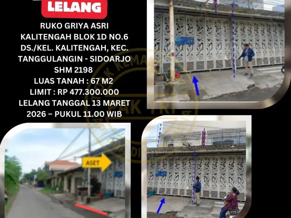 JUAL RUKO LELANG BANK DI TANGGULANGIN SIDOARJO (RUKO GRIYA ASRI KALITENGAH) – LELANG KPKNL