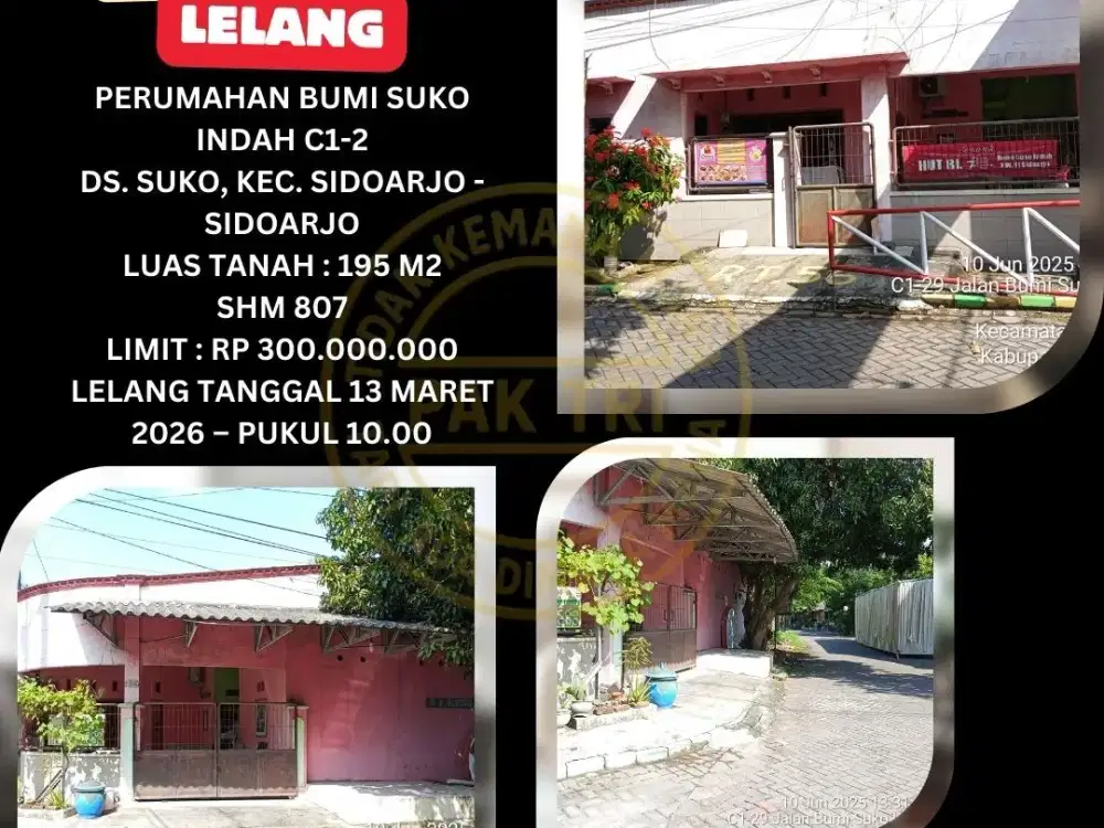 HOOK + LUAS TANAH 195 M2!! JUAL RUMAH LELANG BANK DI SUKO SIDOARJO (PERUM BUMI SUKO INDAH) – LELANG KPKNL