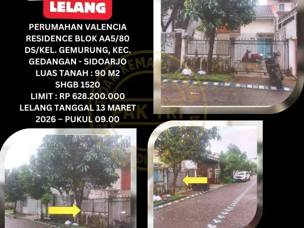 JUAL RUMAH LELANG BANK DI GEDANGAN SIDOARJO (PERUM VALENCIA RESIDENCE) – LELANG KPKNL