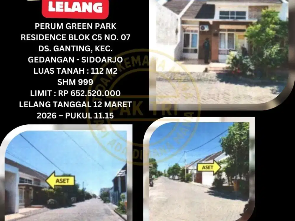 JUAL RUMAH LELANG BANK DI GEDANGAN SIDOARJO (GREEN PARK RESIDENCE) – LELANG KPKNL