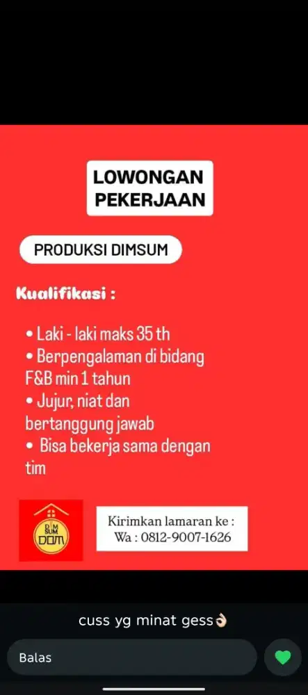 Lowongan Kerja F&B Untuk Pria