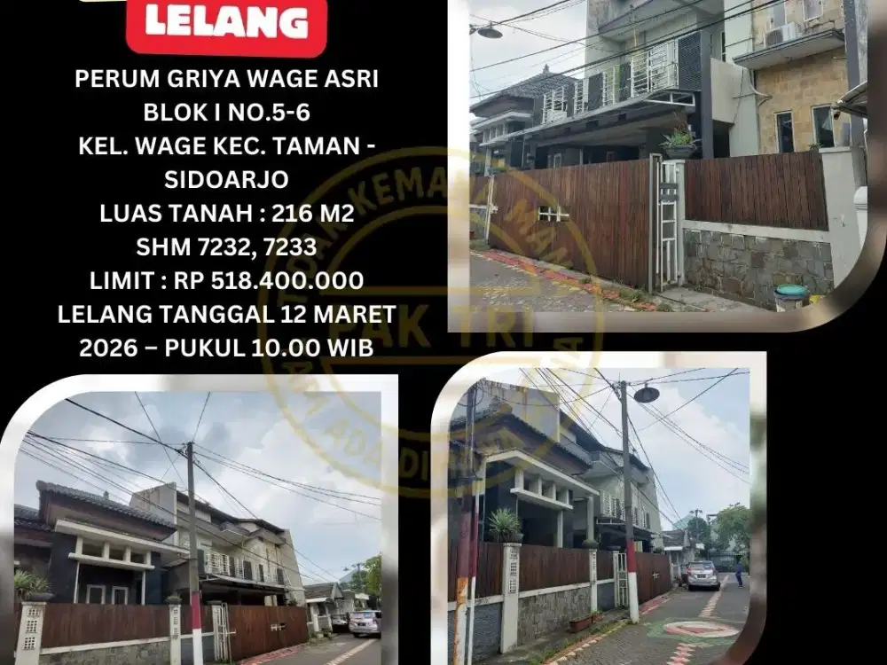 JUAL RUMAH LELANG BANK DI TAMAN SIDOARJO (PERUM GRIYA WAGE ASRI) – LELANG KPKNL