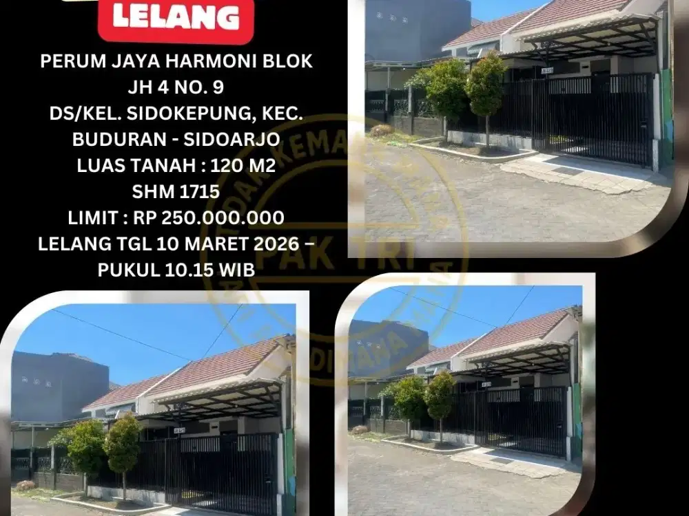JUAL RUMAH LELANG BANK DI BUDURAN SIDOARJO (PERUM JAYA HARMONI) – LELANG KPKNL