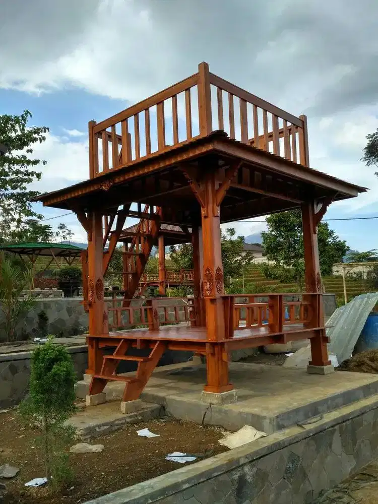 Gazebo kayu jati 2 lantai tanpa atap