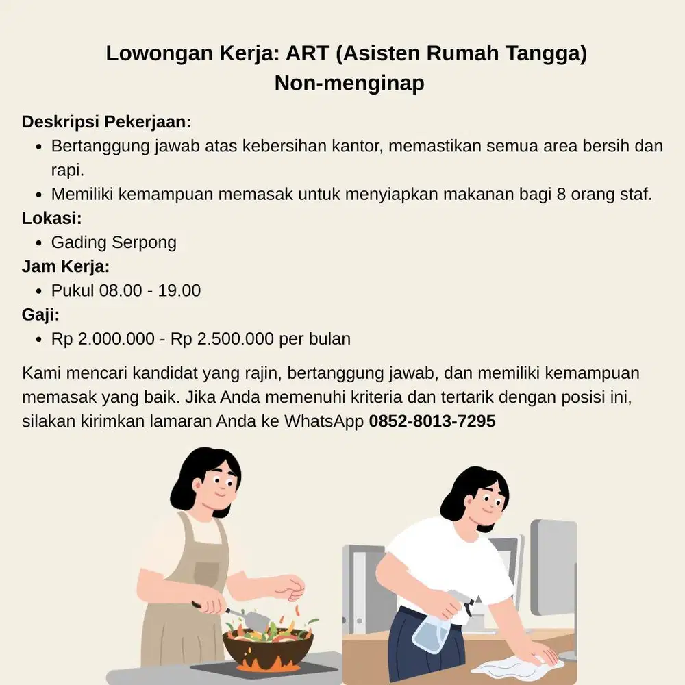 Lowongan Kerja: ART (Asisten Rumah Tangga)  Non-menginap