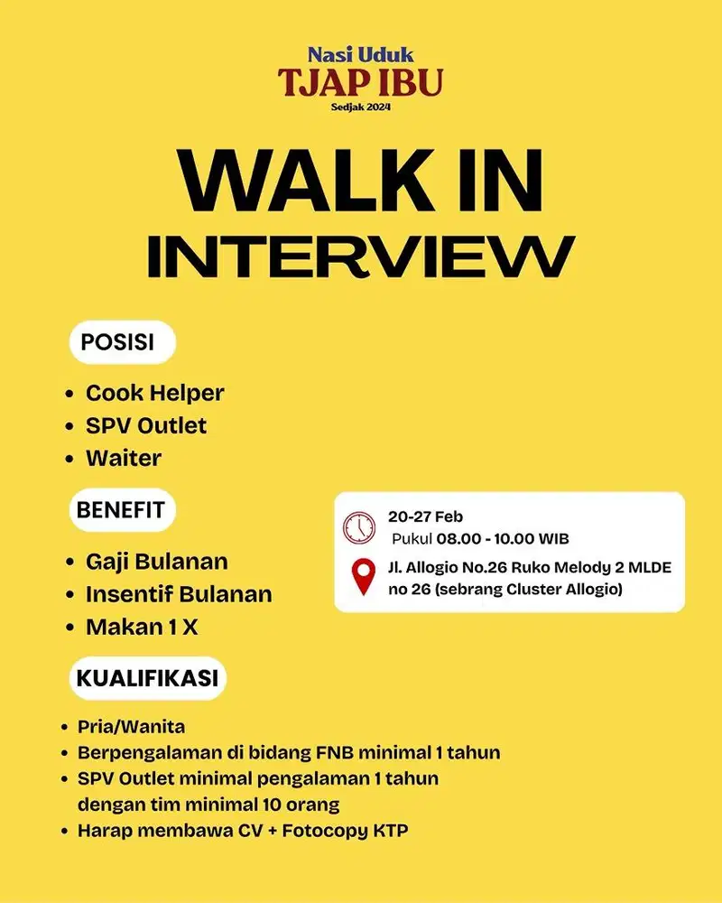 LOWONGAN KERJA KEDAI TJAP IBU LIEM