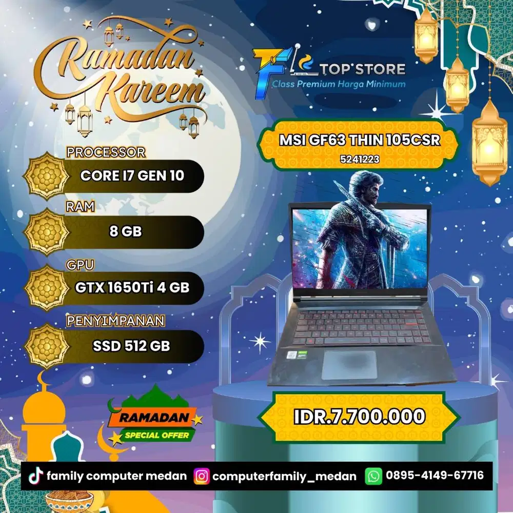MSI GF63 THIN 105CSR INTEL CORE I7 GEN 10 SSD 512/8GB-GTX 1650TI 4GB