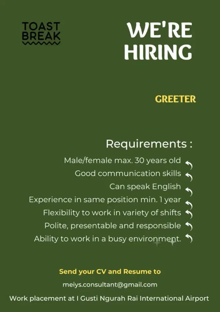 We are Hiring Greeter for Cafe