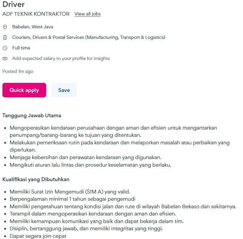 Driver (Penempatan Babelan Bekasi)