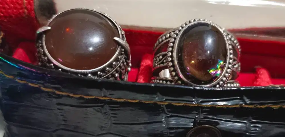 2 Cincin Perak Custom - Fire Opal Wngiri & Kecubung Pelangi Kalimantan