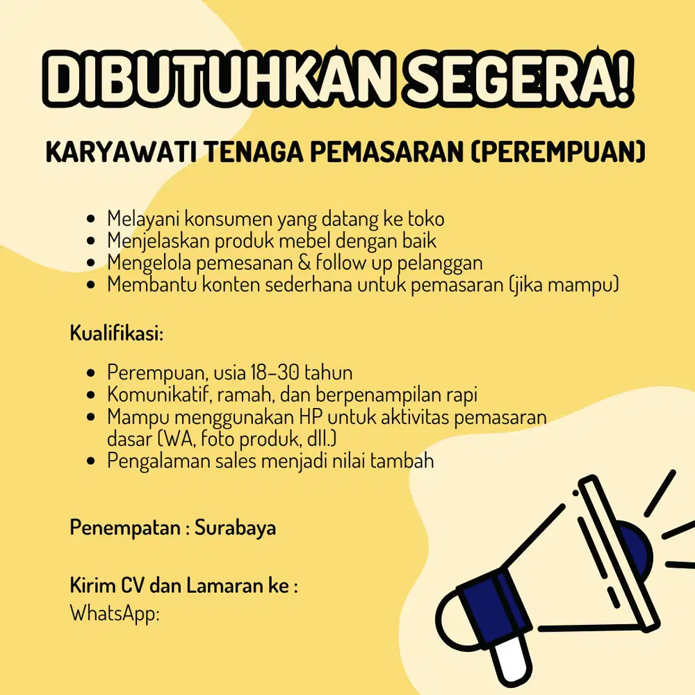 Lowongan Kerja Serabutan dan Tenaga Pemasaran Toko Mebel Surabaya
