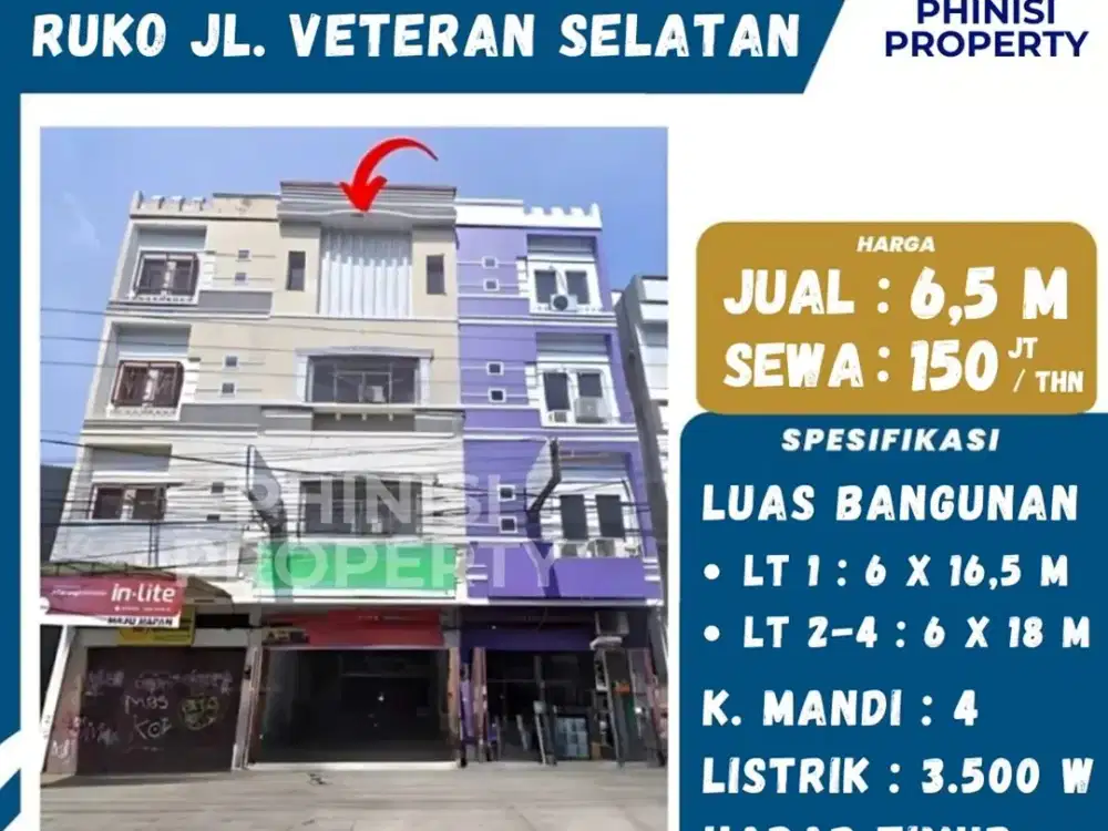 Disewakan Ruko Lebar 6 mtr Jalan Veteran Selatan