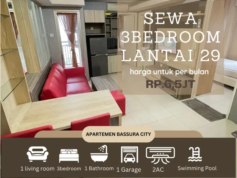 3 kamar sewa full furnish bulanan dekat mall apartemen bassura city