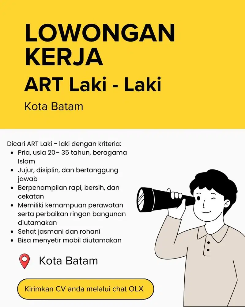 DICARI SEGERA LOWONGAN KERJA ART LAKI LAKI BATAM