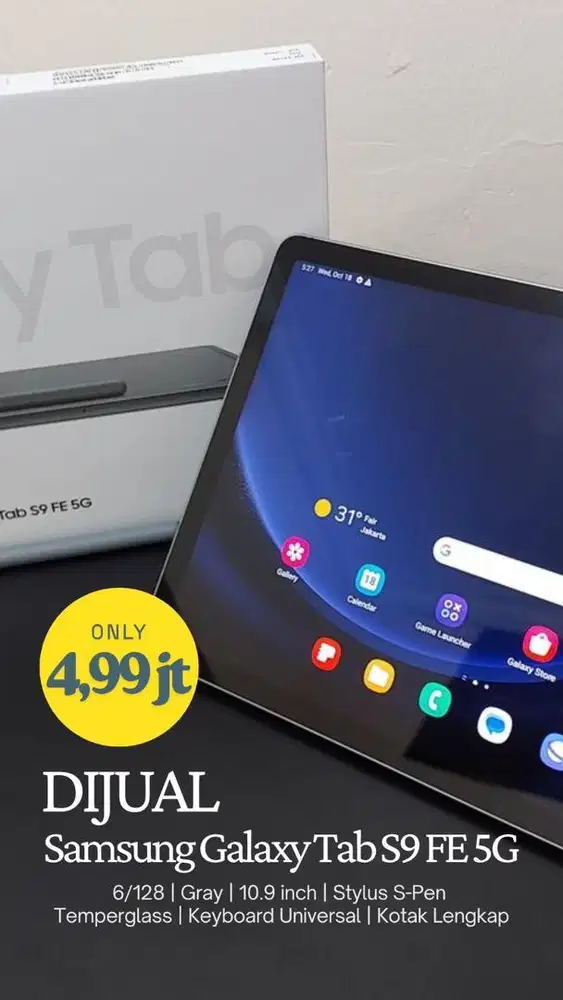 DIJUAL CEPAT SAMSUNG GALAXY TAB S9 FE 5G!! BOX Lengkap. Pakai 6 bulan