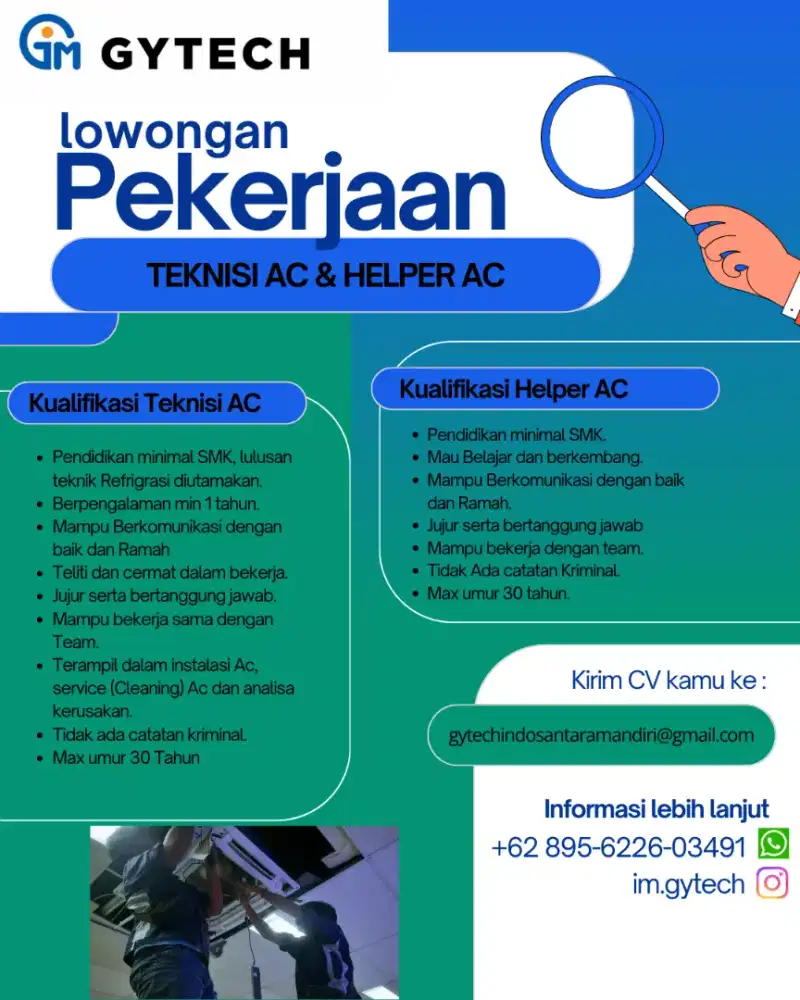 DIBUTUHKAN TEKNISI & HELPER AC (Air Conditioner)