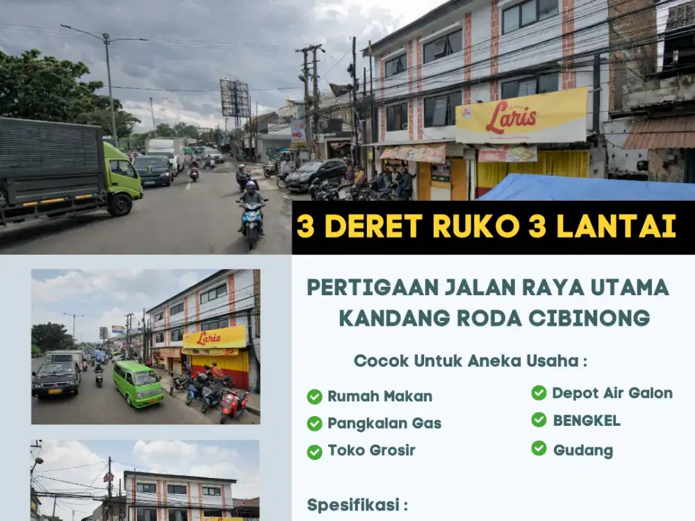 3 Deret Ruko 3 Lantai Jual Cepat 1.65 M Cocok untuk Aneka Usaha Lokasi Pertigaan Jalan Raya Besar!