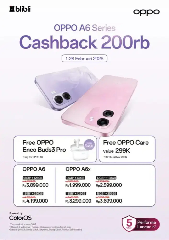 Free Enco buds 3 Pro setiap Pembelian OPPO A6 Series