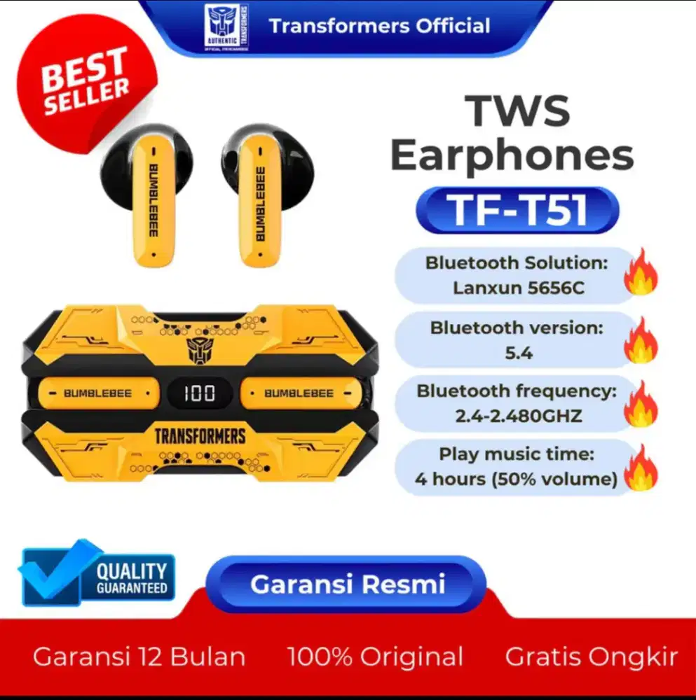EARPHONE HEADSET BLUTOOTH GAMING OFFICIAL TRANSFORMERS GARANSI 1TH