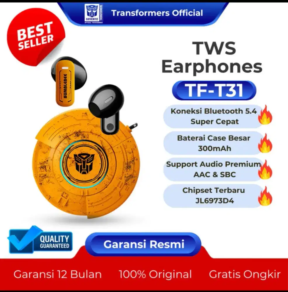 EARPHONE BLUETOOTH HEADSET GAMING TWS OFFICIAL TRANSFORMERS GARANSI