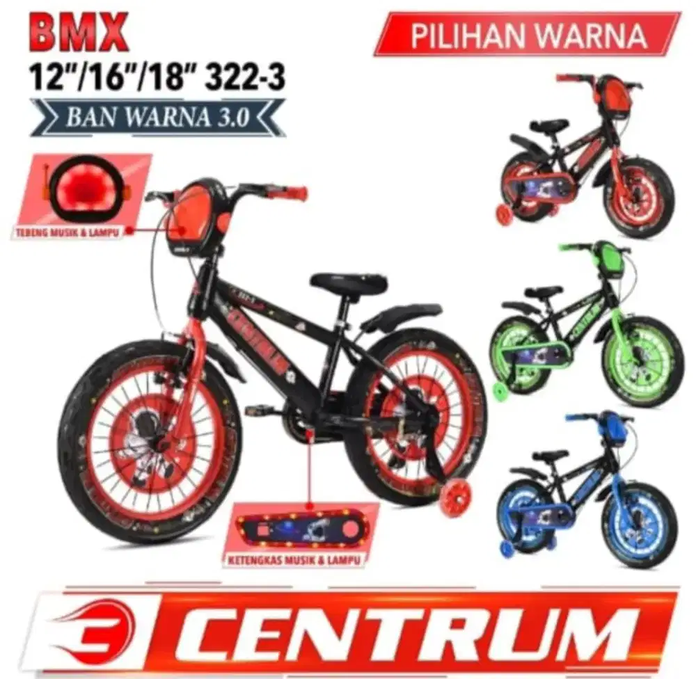 SEPEDA ANAK BMX 16 INCH CENTRUM BAN JUMBO 3.0 MUSIK LAMPU READY STOK