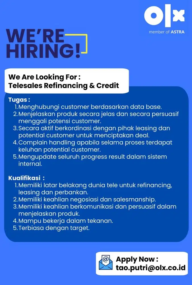 Lowongan Kerja Telesales Refinancing & Credit