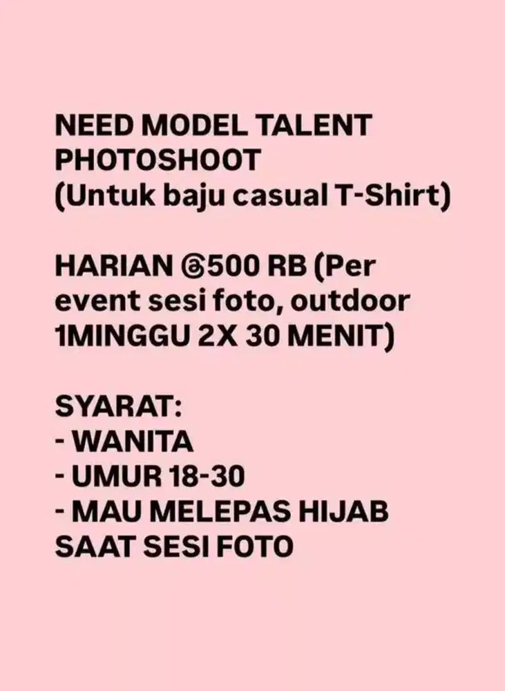 NEED MODEL TALENT WANITA (untuk produk kaos T-shirt)