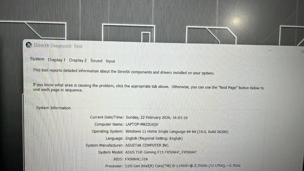 Asus Tuf f15 RTX 3050