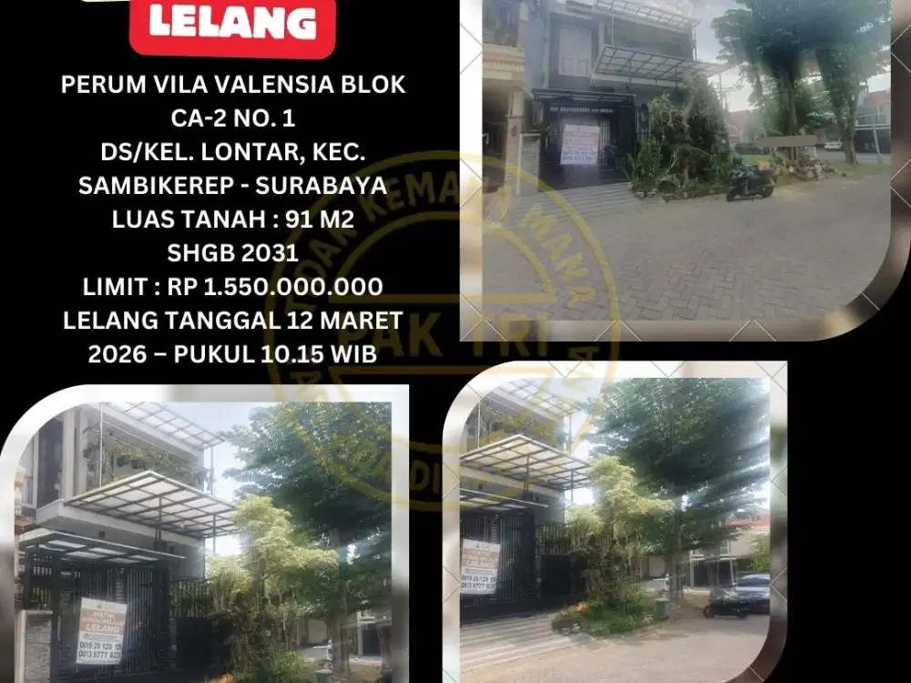JUAL RUMAH LELANG BANK DI SAMBIKEREP SURABAYA (PERUM VILA VALENSIA) – LELANG KPKNL