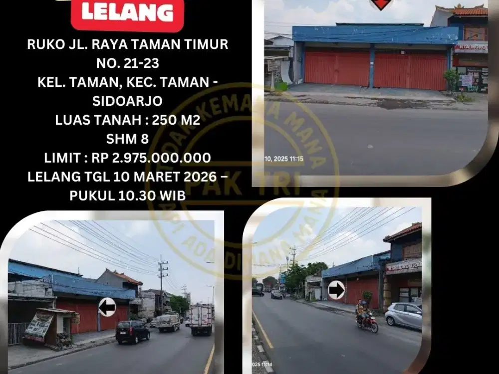 JUAL RUKO LELANG BANK DI TAMAN SIDOARJO (JL. RAYA TAMAN TIMUR) – LELANG KPKNL