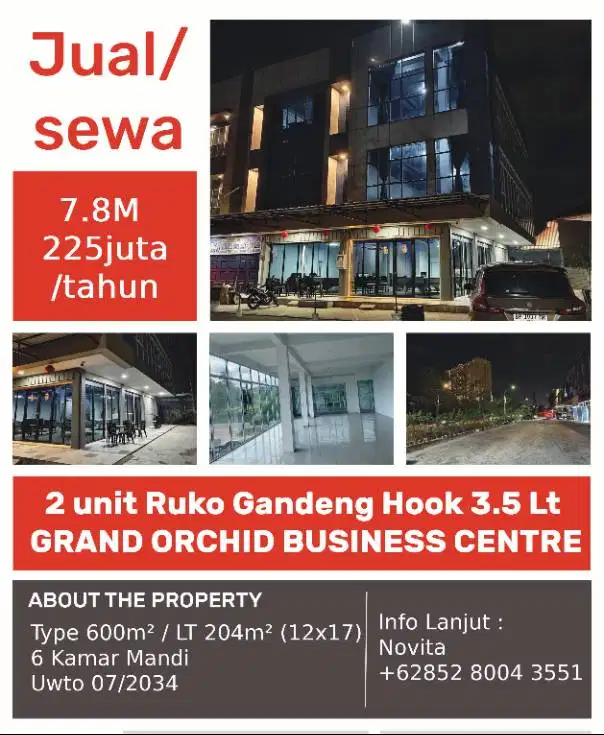 2 unit Ruko Gandeng Hook 3.5 Lantai GRAND ORCHID BUSINESS CENTRE