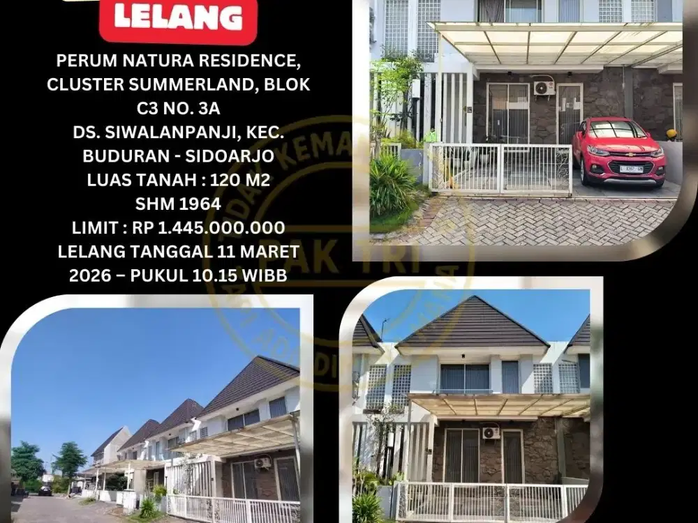 JUAL RUMAH LELANG BANK DI BUDURAN SIDOARJO (NATURA RESIDENCE CLUSTER SUMMERLAND) – LELANG KPKNL
