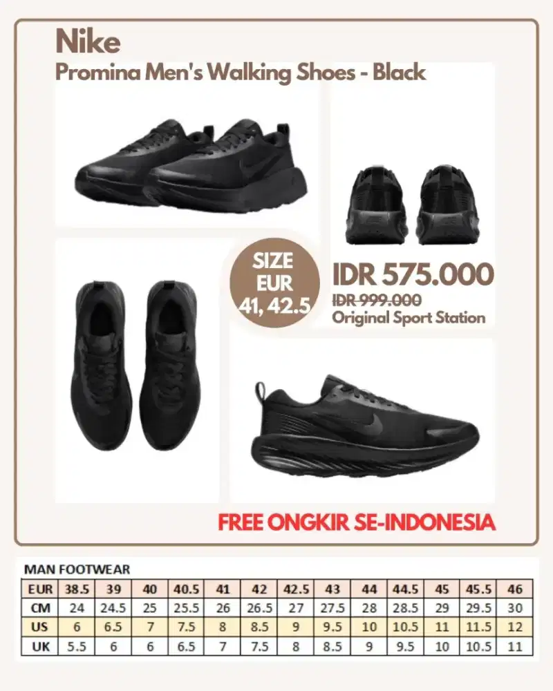 Nike Promina Men's Walking Shoes - Black | Sepatu Pria Size 41, 42.5