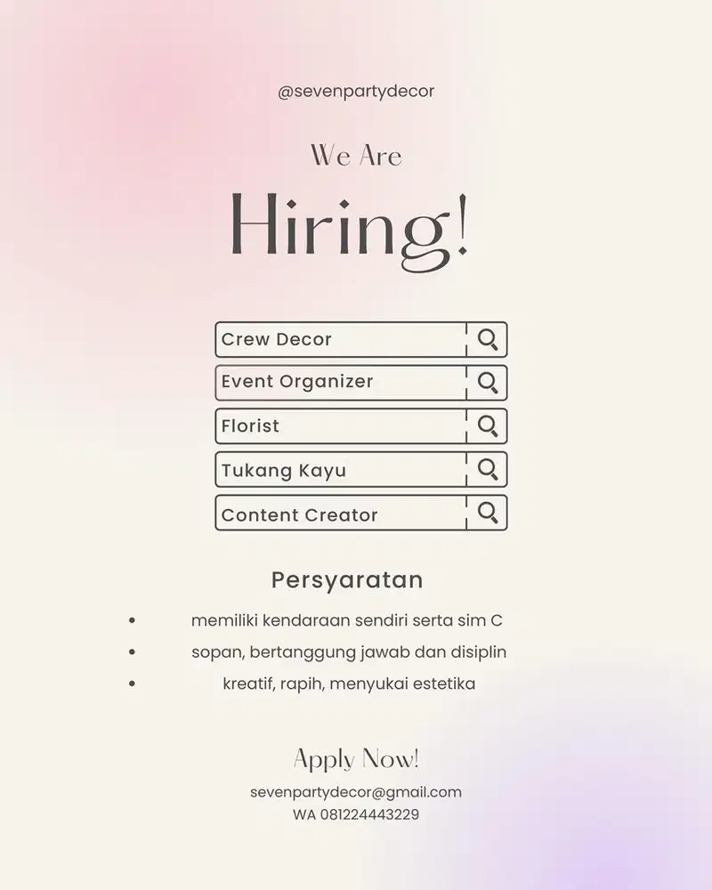 Lowongan kerja Freelance crew dekor eo tukang kayu content creator