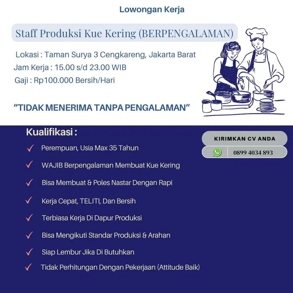 Part time staff/baker produksi kue kering berpengalaman (gaji harian)