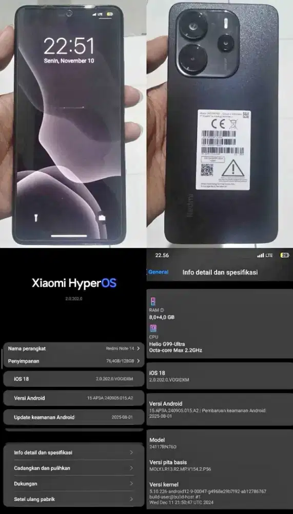 Redmi Note 14 8+4/128 Fullset Minus Gorilla Glass