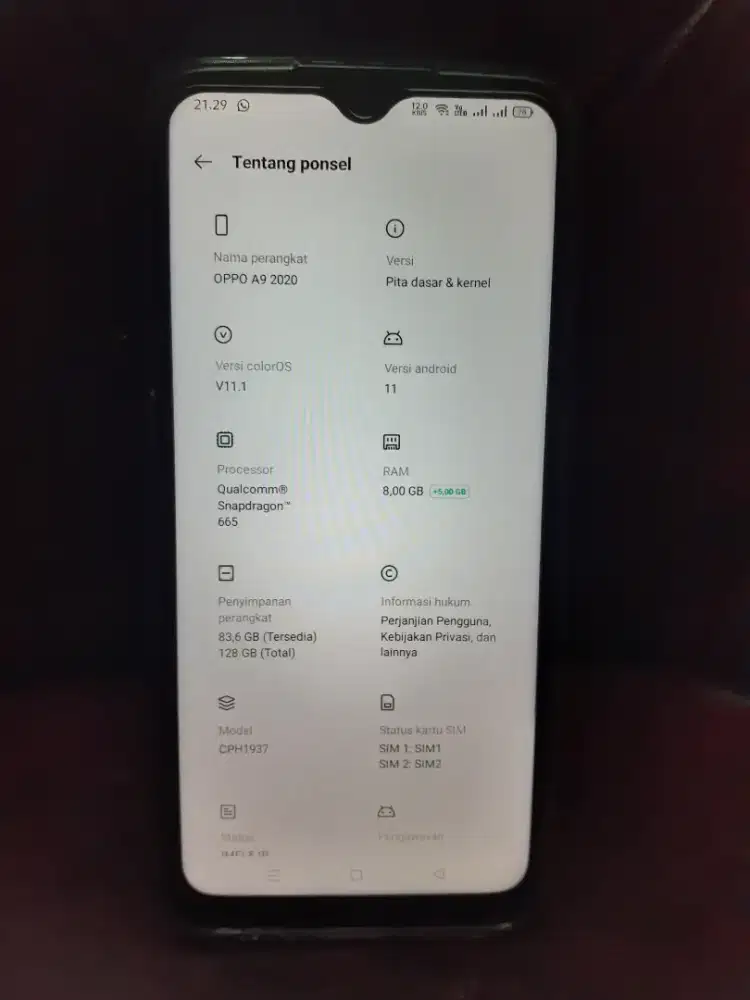 Oppo A9 2020 8+5/128 Normal Eks Garansi Resmi Hp Casan