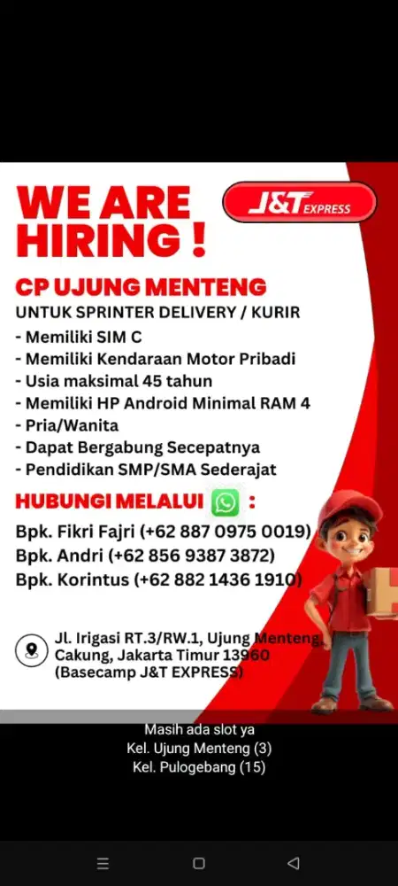 Dibutuhkan spinter delivery JNT EXPRESS