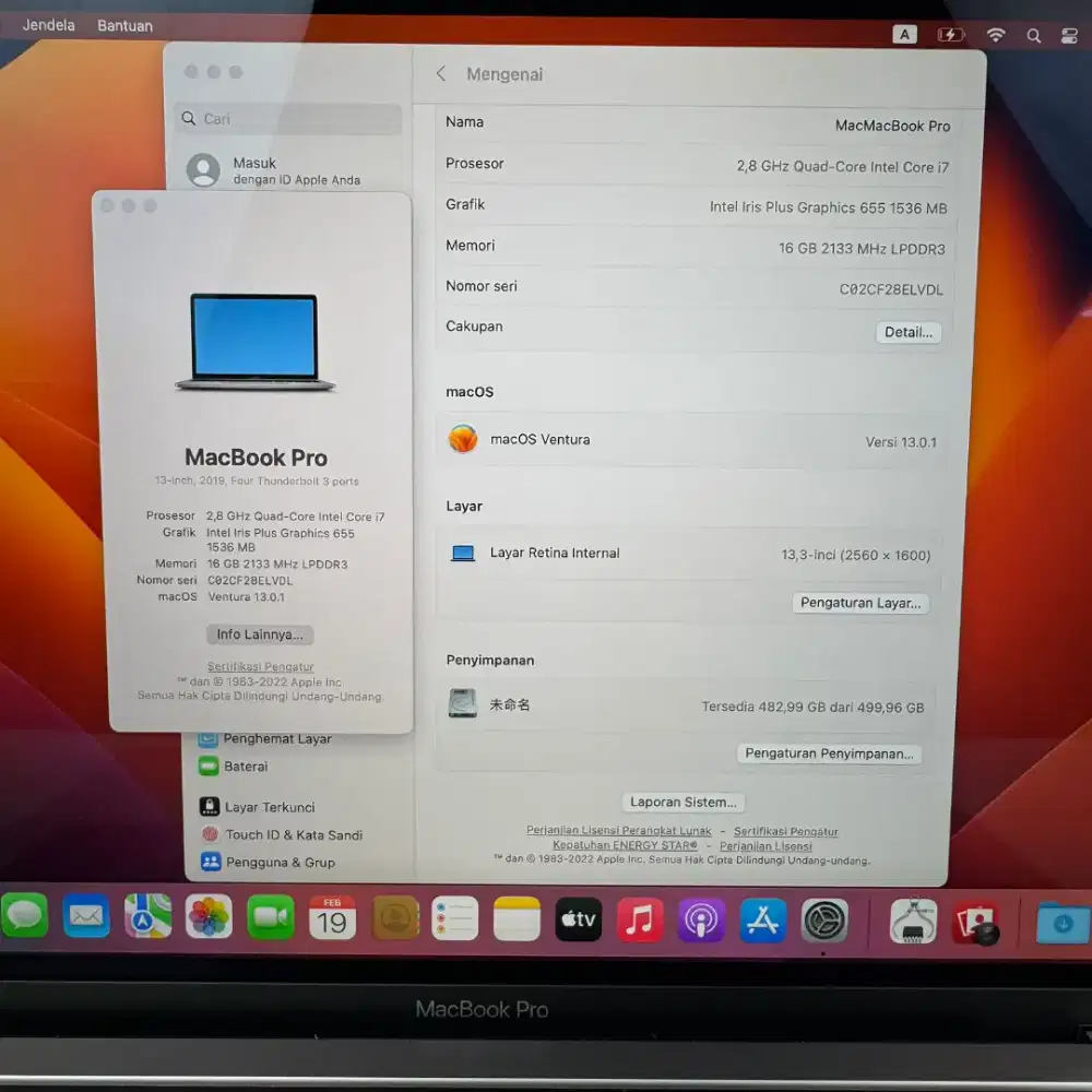 Macbook Pro 2019 Core I7 layar 13 Inch Ram 16 Ssd 512 Space Grey desai