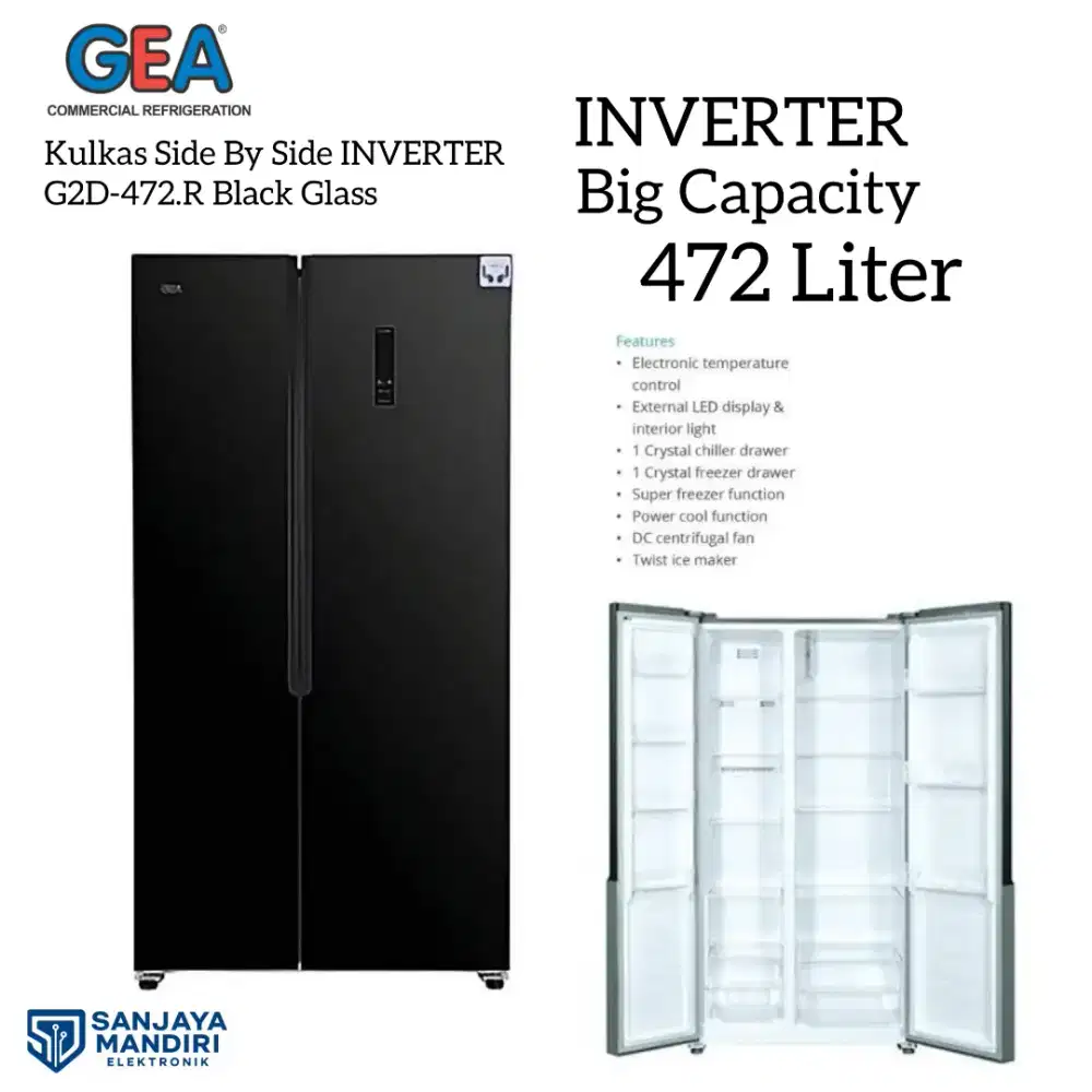 TERMURAH! GEA Kulkas Side By Side INVERTER 472 Liter BLACK Glass Door