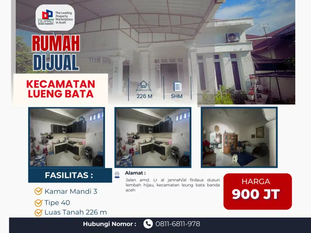 Rumah Dijual di Kecamatan Lueng Bata Banda Aceh – LT 226 m², SHM