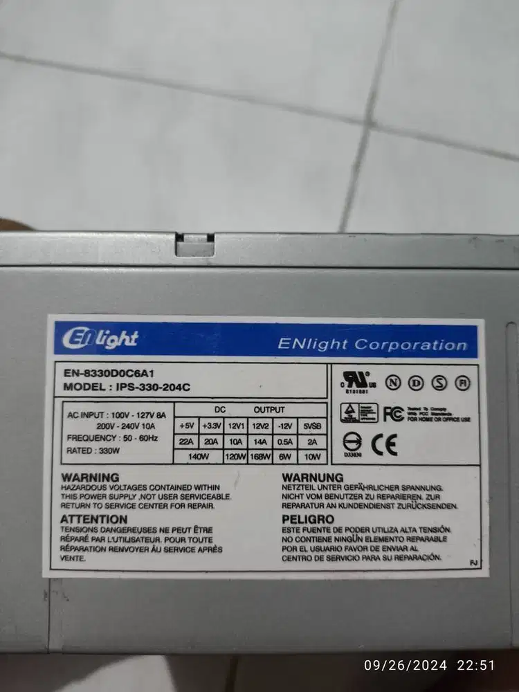 PSU Power Supply Komputer PC Enlight 330W 330 Watt IPS 204C 24pin