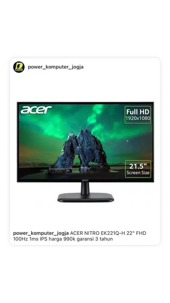 990 ribu aja Monitor baru 22 inch Acer 100Hz IPS Free Kirim / pasang