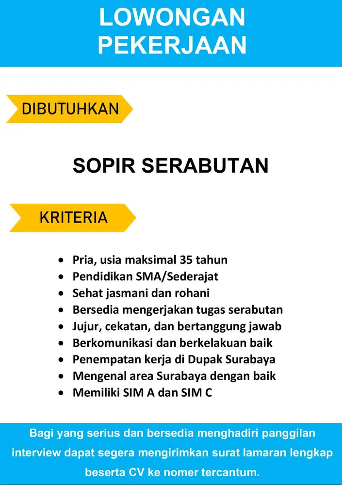 Lowongan Kerja Sopir Serabutan