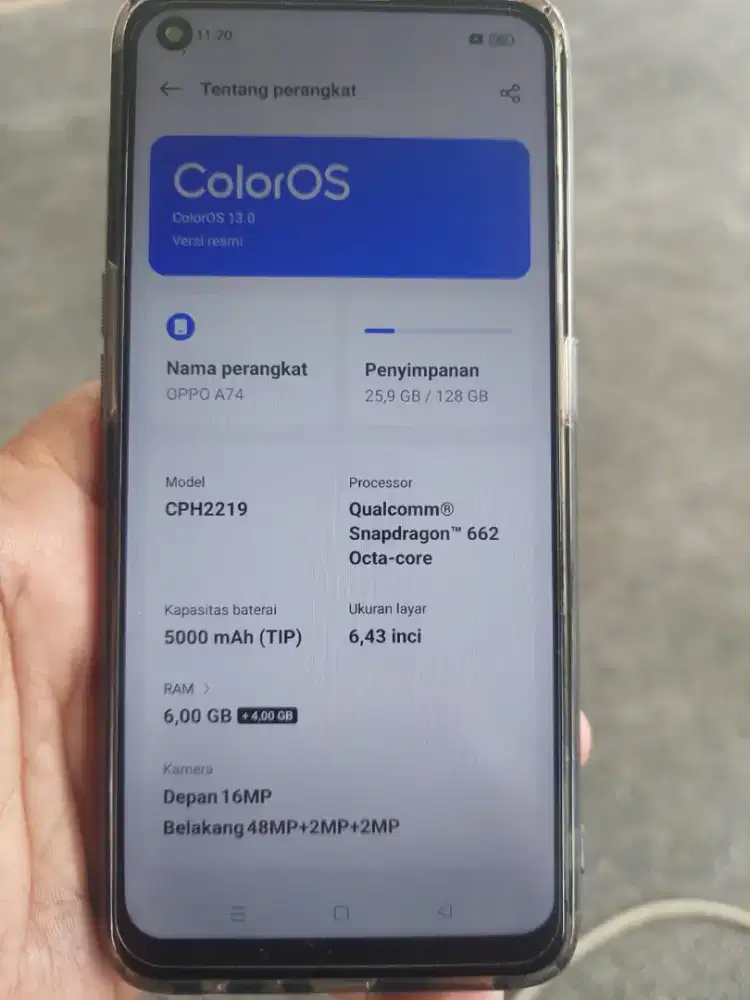 Di jual HP merk Oppo A74 Ram 6 +4/128 GB Android  13,nego