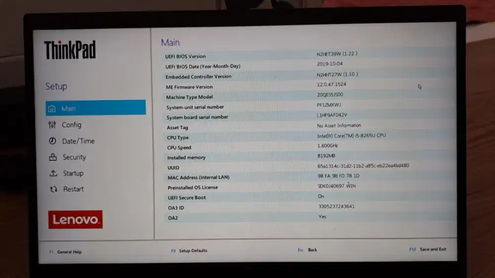 Lenovo Thinkpad i5 8th Gen 8gb, 256 X1