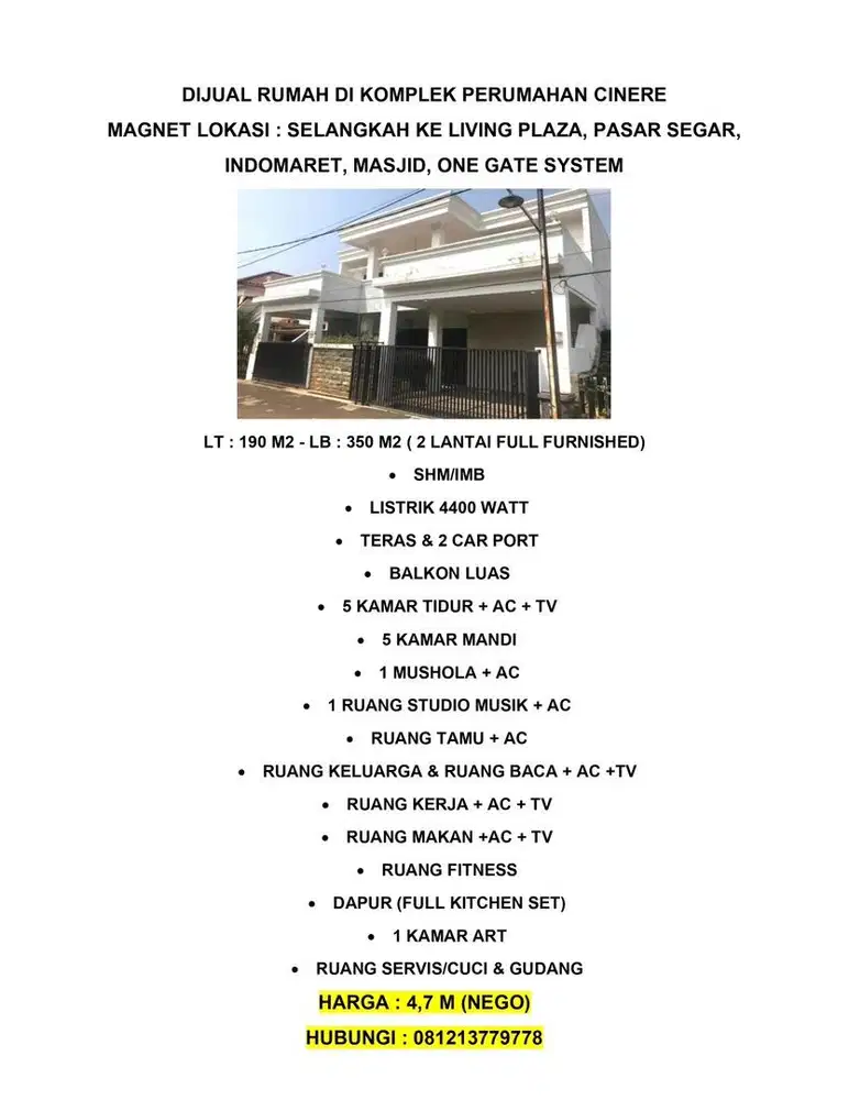 Jual rumah 2 lantai di Cinere Full Furnished